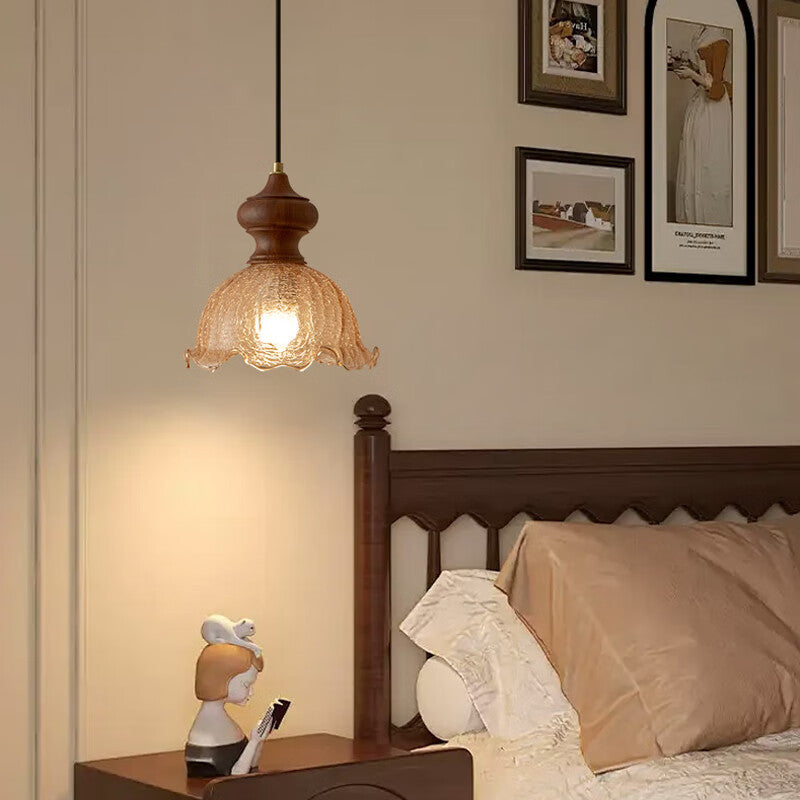 Highendlights Vintage Chinese Pendant Light - Cracked Glass & Walnut Wood