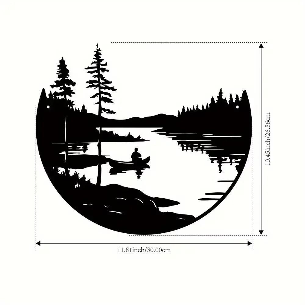Bohemian-Inspired Metal Wall Art: Scenic Lake & Mountain Silhouette Round Sculpture for Elegant Home and Patio Decor