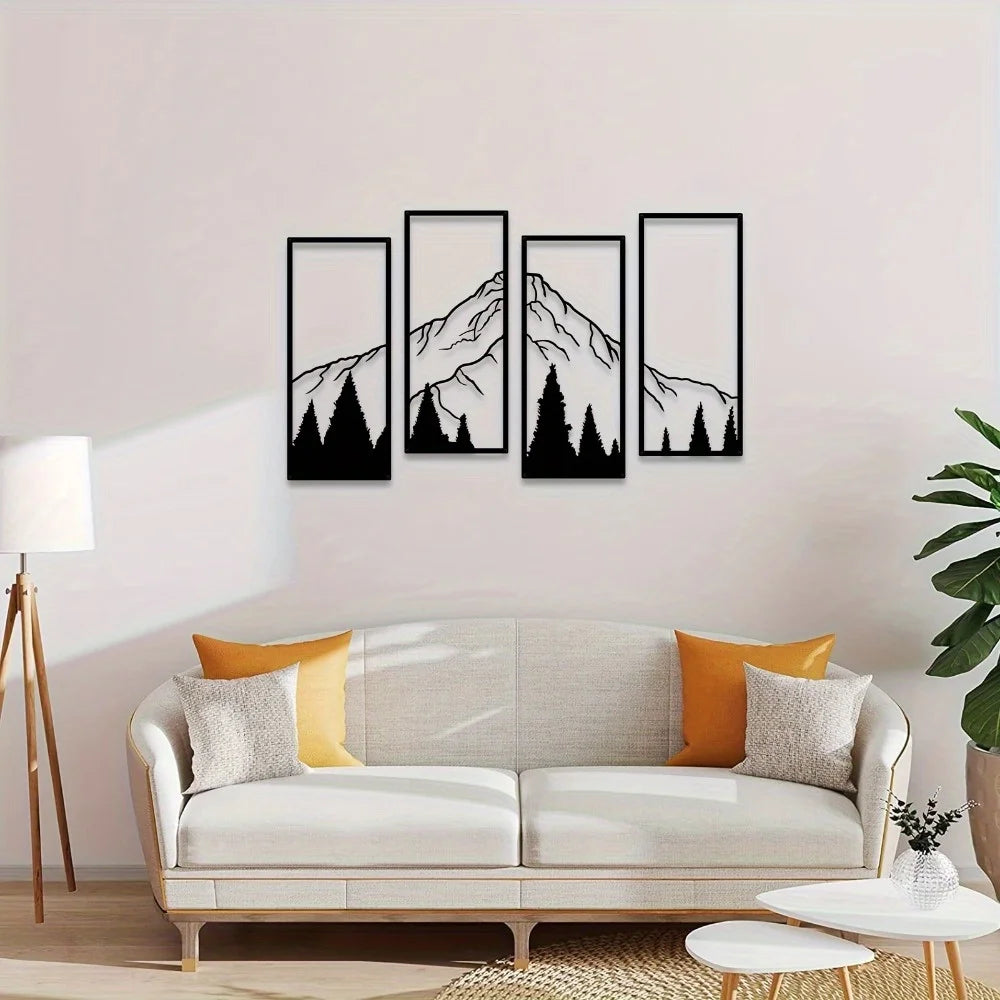 Minimalist Metal Mountain Wall Art Set - 4pcs Modern Geometric Decor for Home, Office, Bedroom & Living Spaces