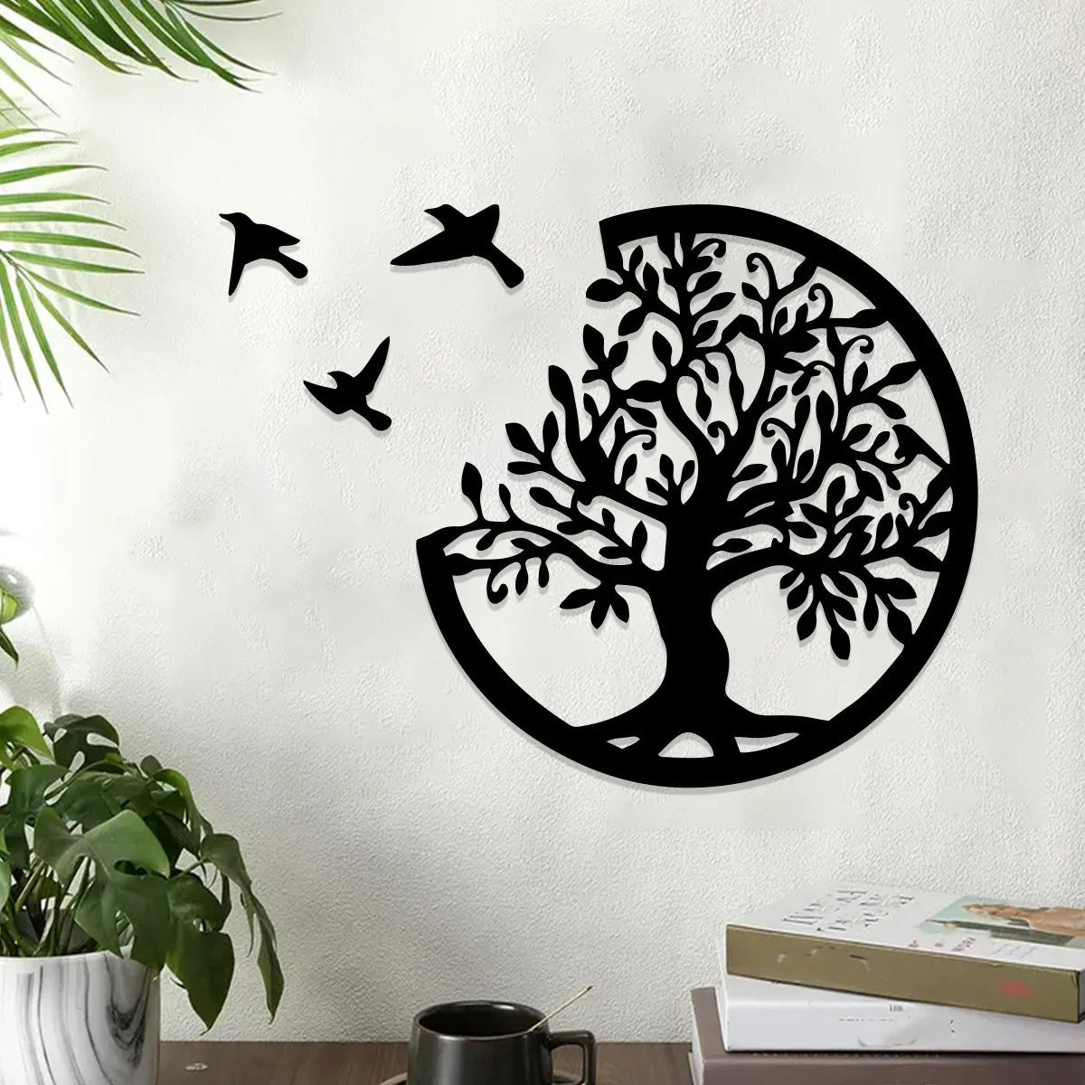 Black Wooden Tree of Life Wall Hanging - Round Bird Silhouette Art Decor for Boho, Witchy, and Modern Indoor Spaces