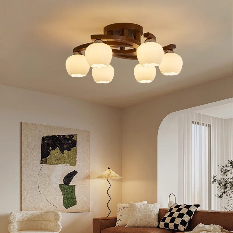 Highendlights Modern Chinese Walnut Wood Ceiling Light - 4-Head Rotating Bud