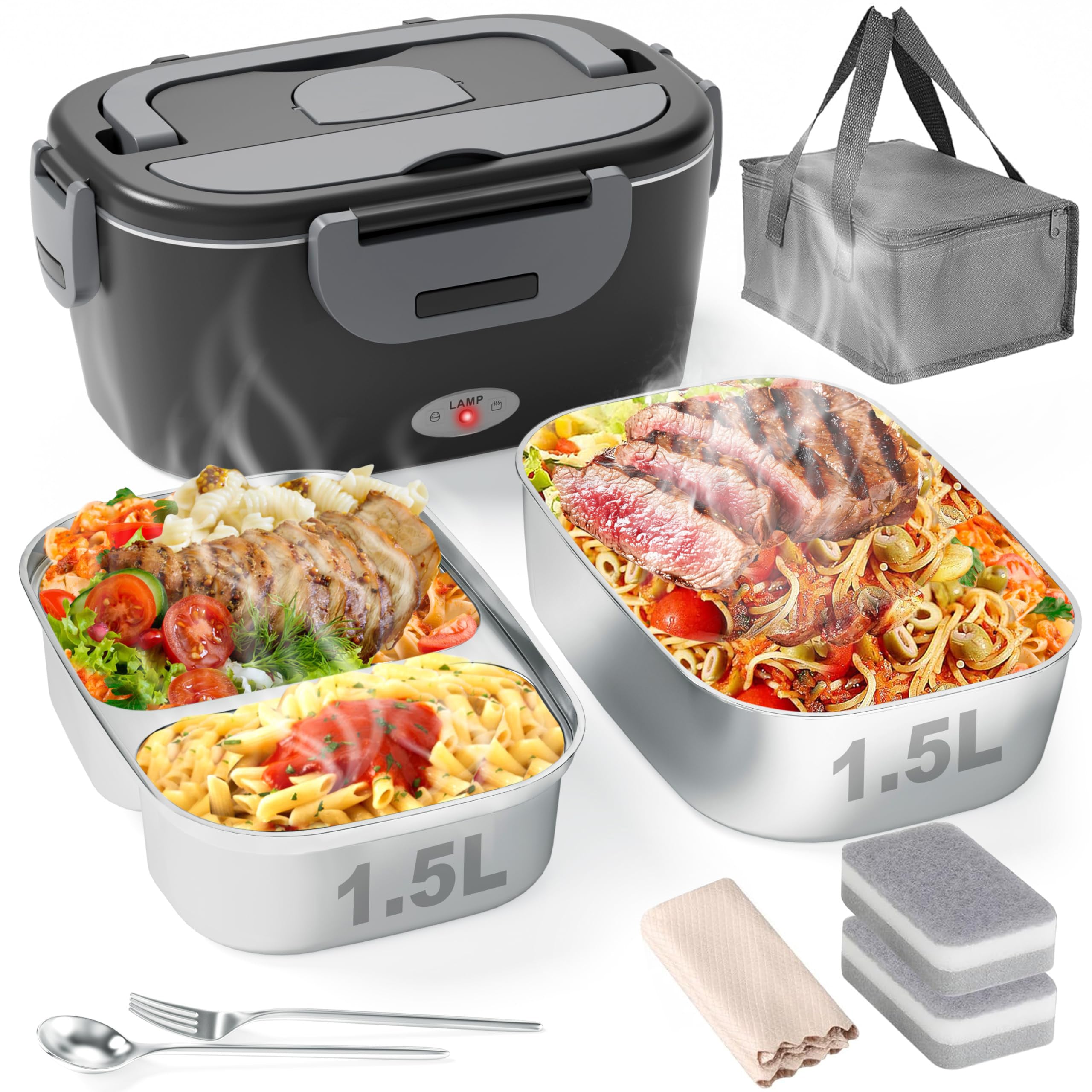 Portable Electric Lunch Box with Dual Stainless Steel Containers