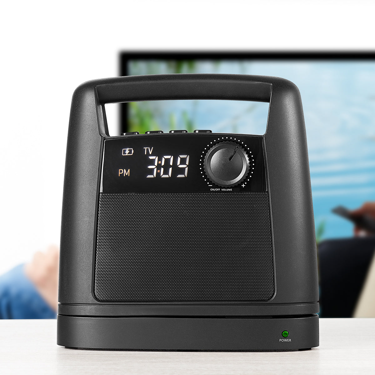 Cordless Rechargeable Wireless TV Speaker with FM Radio & Digital Clock