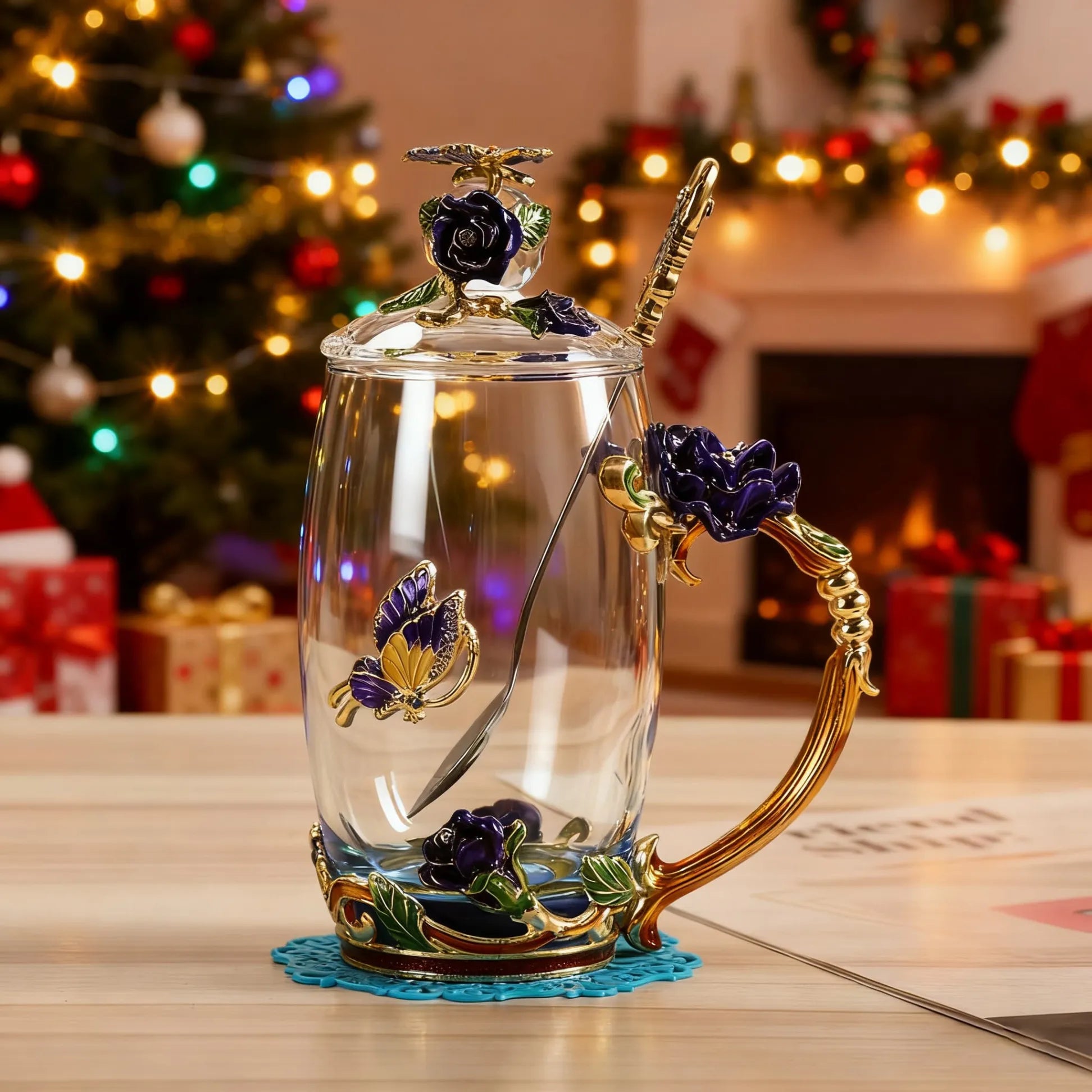 Flower Teacup Transparent Glass Teacup With Spoon And Lid
