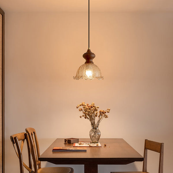 Highendlights Vintage Chinese Pendant Light - Cracked Glass & Walnut Wood