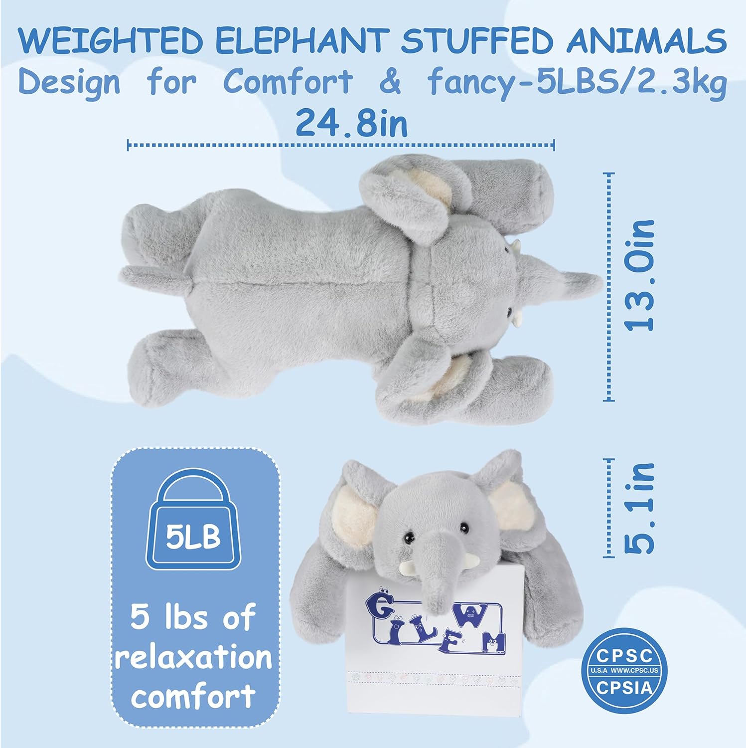 Weighted Stuffed Animals Elephant - 25" Big Stuffed Animal Toy Pillow for Kids & Adults