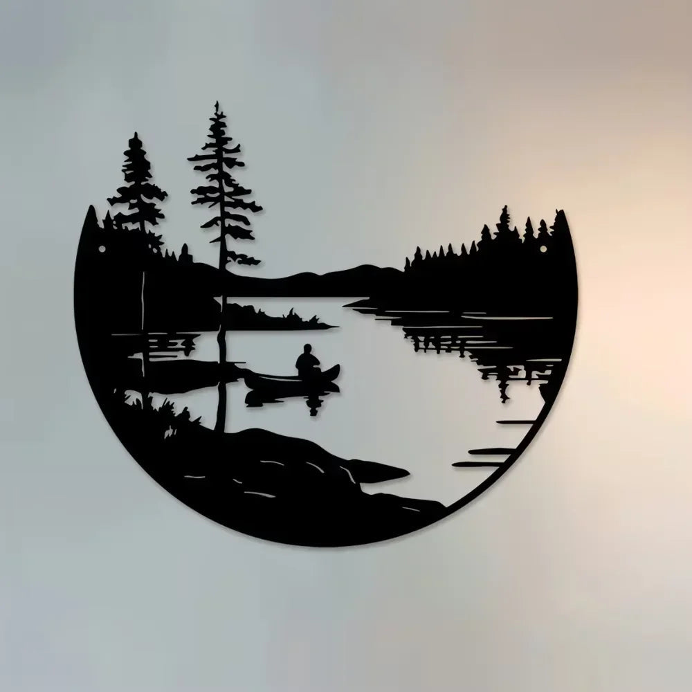 Bohemian-Inspired Metal Wall Art: Scenic Lake & Mountain Silhouette Round Sculpture for Elegant Home and Patio Decor