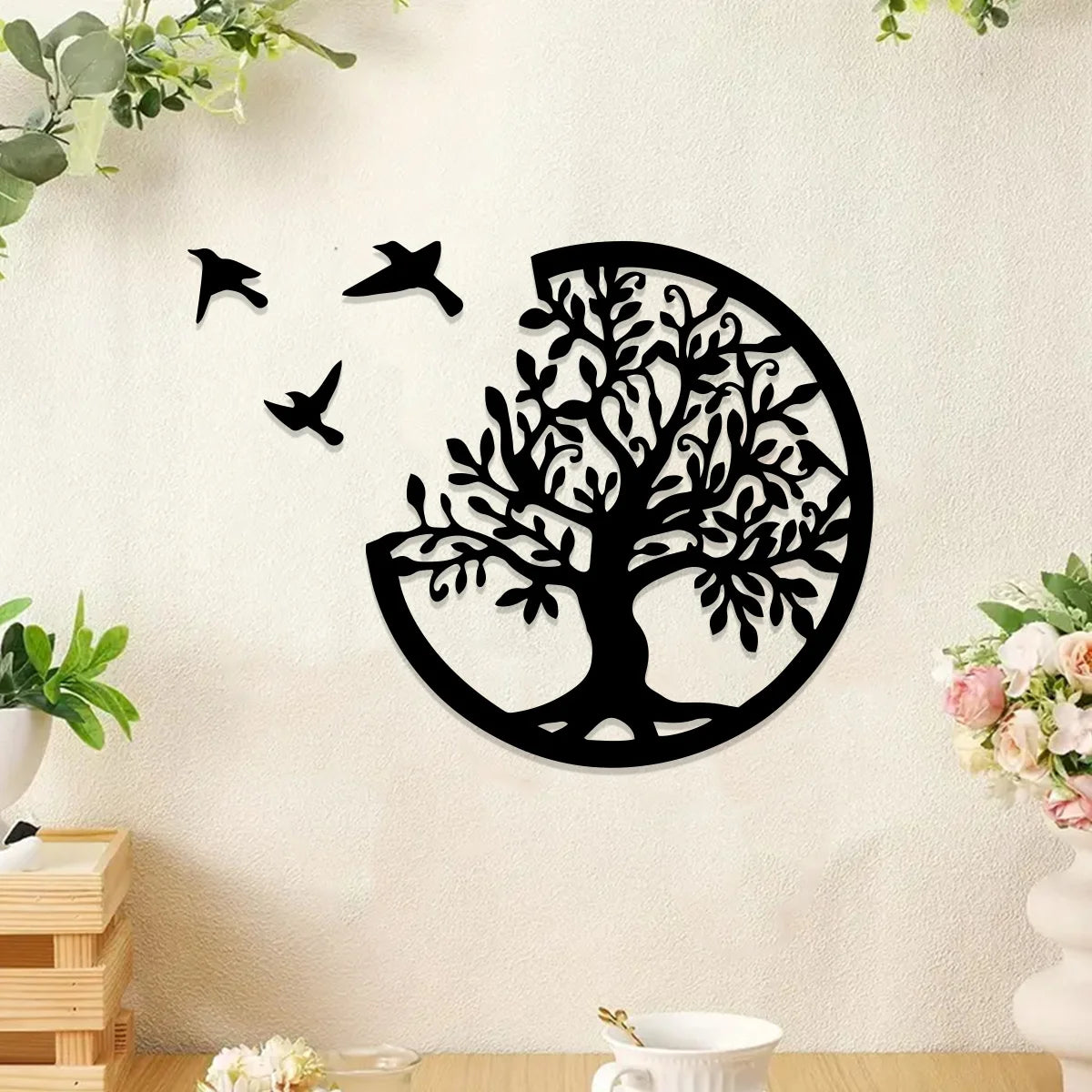 Black Wooden Tree of Life Wall Hanging - Round Bird Silhouette Art Decor for Boho, Witchy, and Modern Indoor Spaces