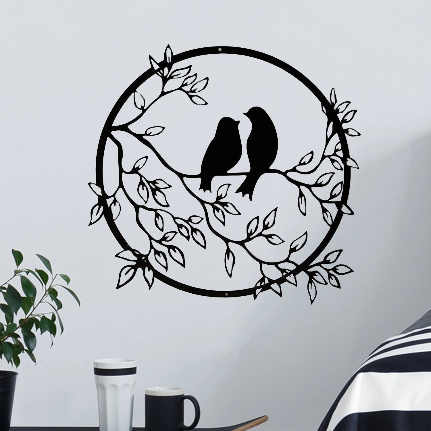Black Metal Wall Art - Birds on Branch Silhouette Hanging Decor for Living Room, Office, and Garden