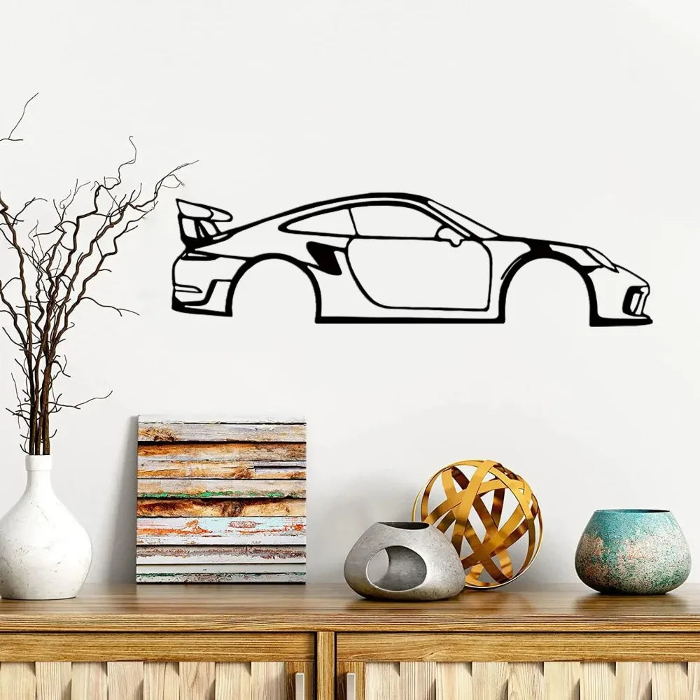 Sports Car Metal Wall Art - 911GT3 Iron Silhouette Wire Hanging for Modern Home & Office Decor