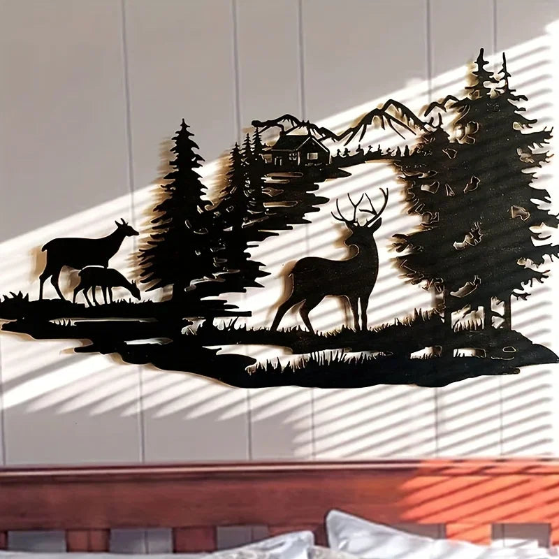 Modern Deer Forest Metal Wall Art - Minimalist Wrought Iron Wall Decor for Home & Office