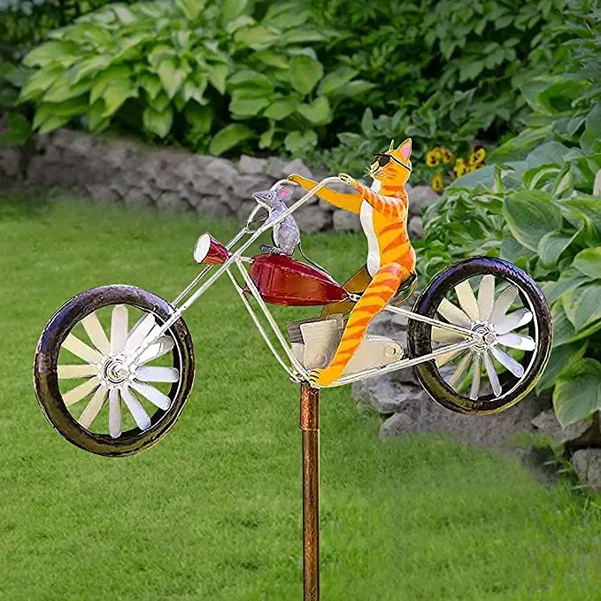 Metal Cat on Motorcycle With Spinning Wheels Wind Spinner